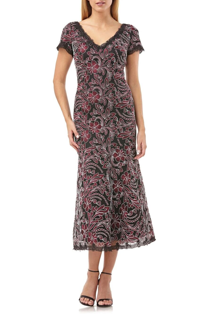 JS Collections Wine Embroidered V-Neck Floral Midi Dress Black Size 4 NWT